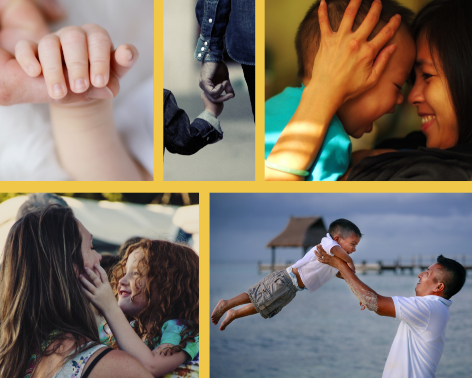 A collage of images of parents and children together; face to face, hand in hand, playing.